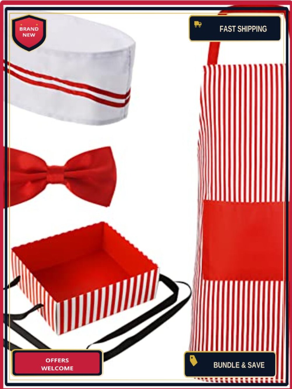 4 Pc Adult Waiter Costume Set Soda Jerk Chef Hat Apron Bow Tie Tray